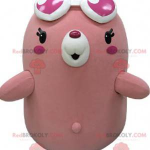 Mascotte d'ours rose et blanc avec des lunettes en forme de