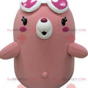 Mascotte orso rosa e bianco con occhiali a forma di cuore -