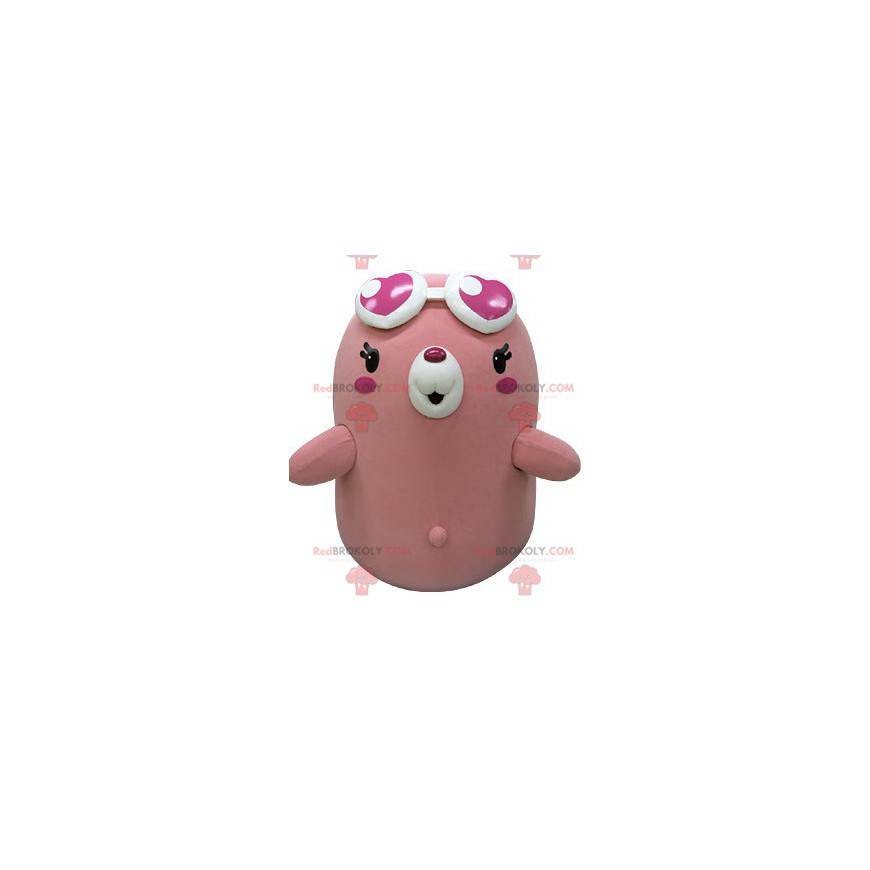 Mascote de urso rosa e branco com óculos em forma de coração -