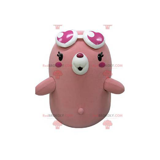 Rosa und weißes Bärenmaskottchen mit herzförmiger Brille -