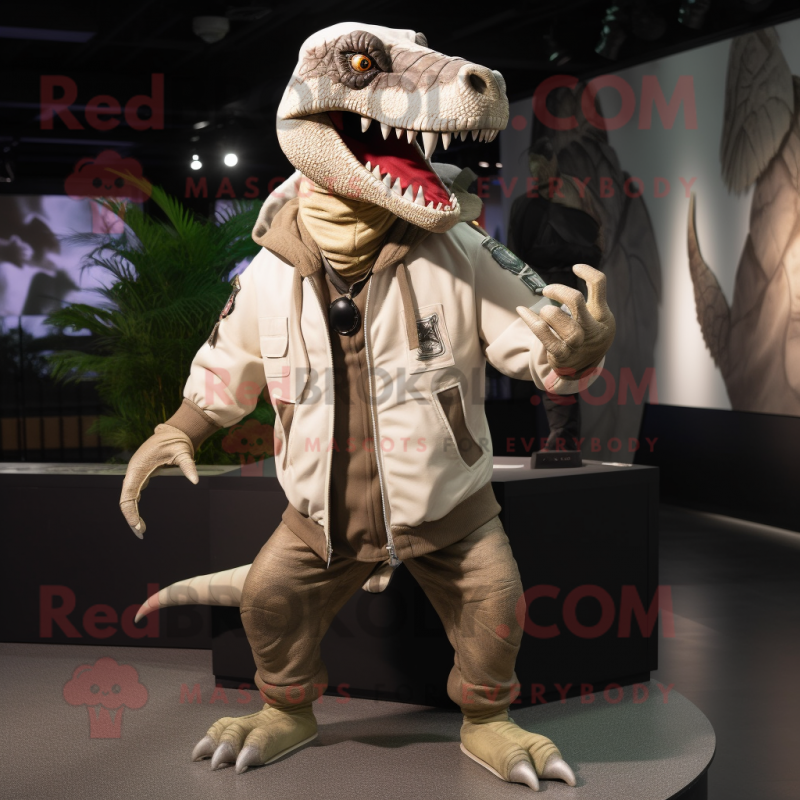 Beige Spinosaurus mascot costume character dressed with a Leather Jacket and Caps