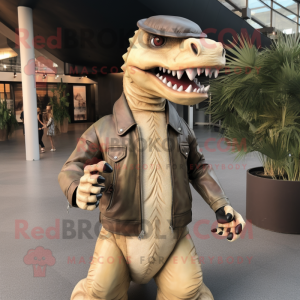 Beige Spinosaurus mascot costume character dressed with a Leather Jacket and Caps