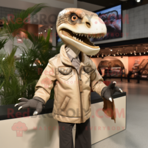 Beige Spinosaurus mascot costume character dressed with a Leather Jacket and Caps