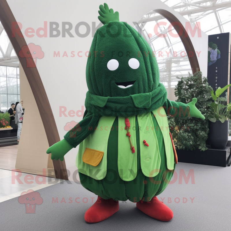 Forest Green Radish mascot costume character dressed with a Cardigan and Shawl pins