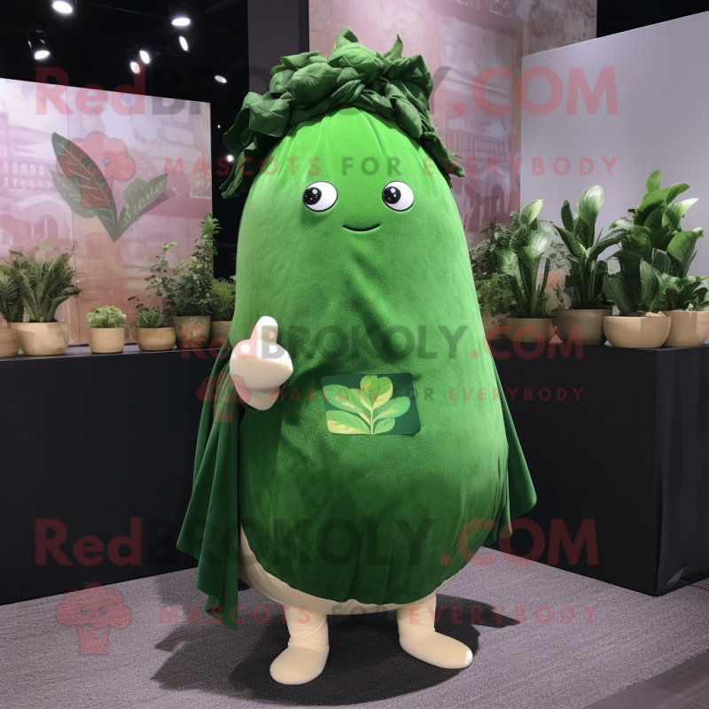 Forest Green Radish mascot costume character dressed with a Cardigan and Shawl pins