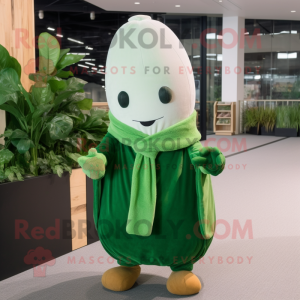 Forest Green Radish mascot costume character dressed with a Cardigan and Shawl pins