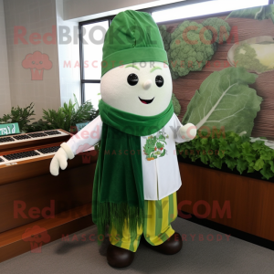 Forest Green Radish mascot costume character dressed with a Cardigan and Shawl pins
