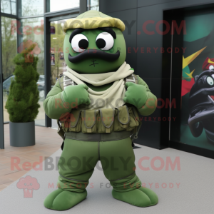 Green Commando mascot costume character dressed with a Tank Top and Scarves