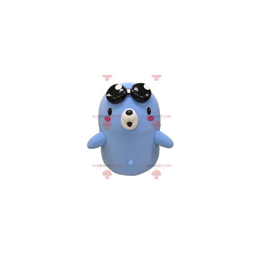 Mascotte d'ours bleu et blanc avec des lunettes noires -