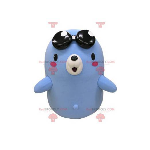 Mascotte d'ours bleu et blanc avec des lunettes noires -