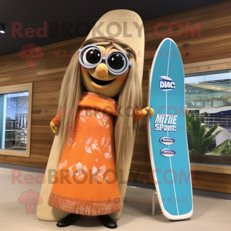 Tan Surfboard mascot costume character dressed with a Maxi Dress and Reading glasses Tan Surfboard mascot costume character dressed with a Maxi Dress and Reading glasses