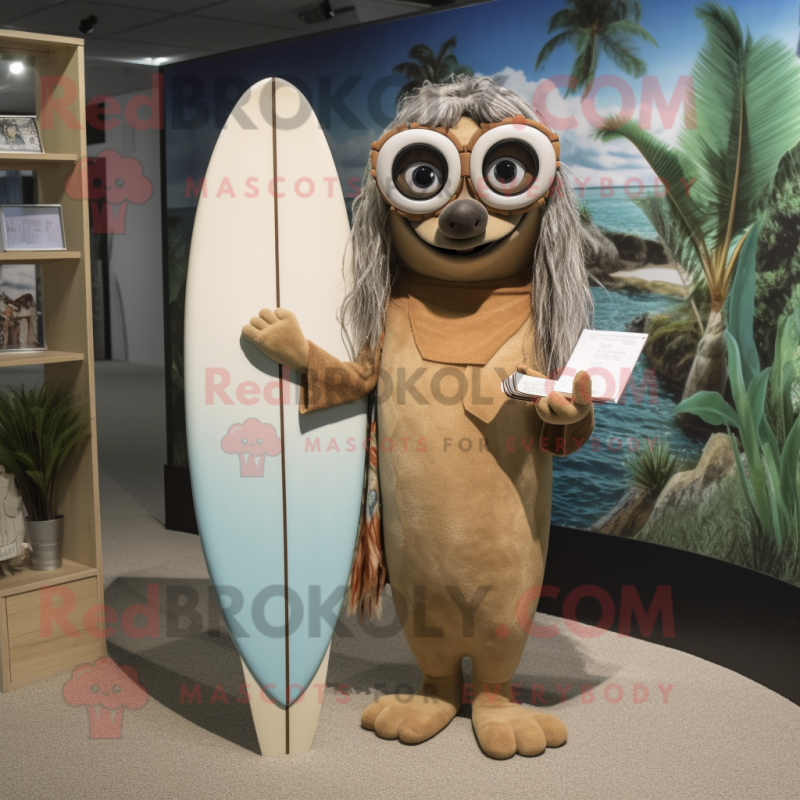 Tan Surfboard mascot costume character dressed with a Maxi Dress and Reading glasses Tan Surfboard mascot costume character dressed with a Maxi Dress and Reading glasses