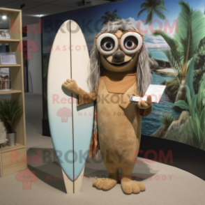 Tan Surfboard mascot costume character dressed with a Maxi Dress and Reading glasses