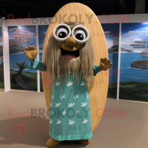 Tan Surfboard mascot costume character dressed with a Maxi Dress and Reading glasses