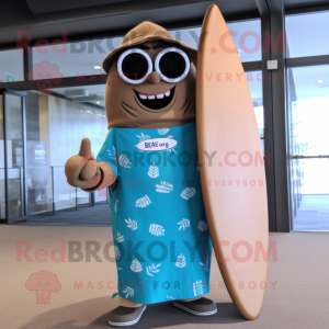 Tan Surfboard mascot costume character dressed with a Maxi Dress and Reading glasses