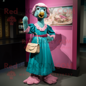 Teal Pink mascot costume character dressed with a Empire Waist Dress and Clutch bags