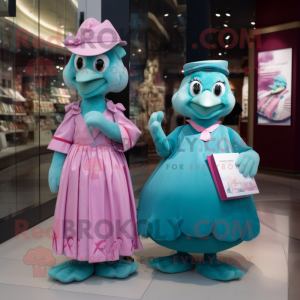 Teal Pink mascot costume character dressed with a Empire Waist Dress and Clutch bags