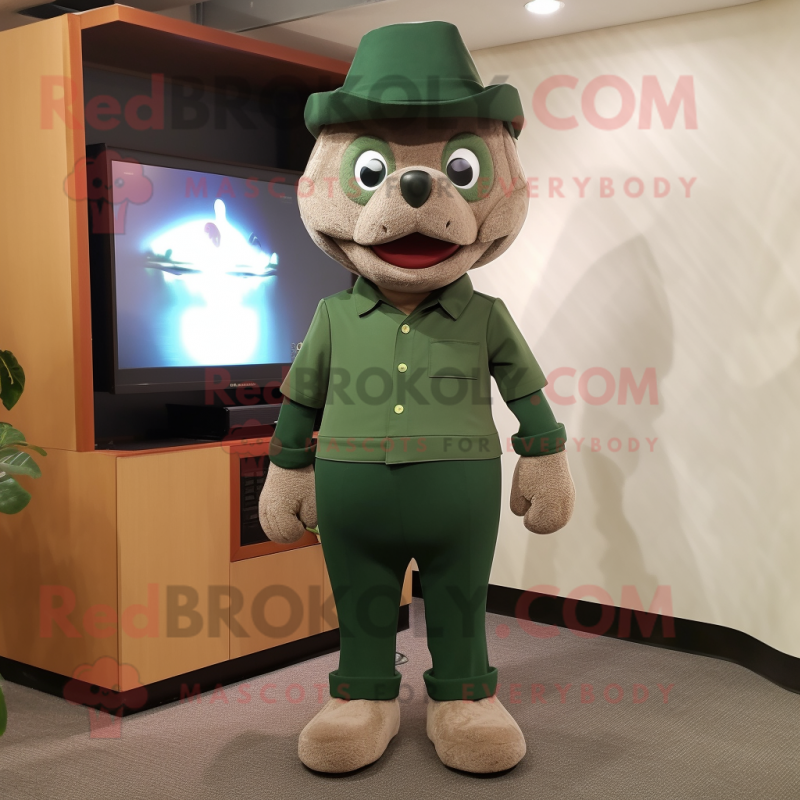 Forest Green Television mascot costume character dressed with a Dress Pants and Hats Forest Green Television mascot costume character dressed with a Dress Pants and Hats