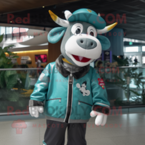 Teal Cow mascot costume character dressed with a Bomber Jacket and Beanies