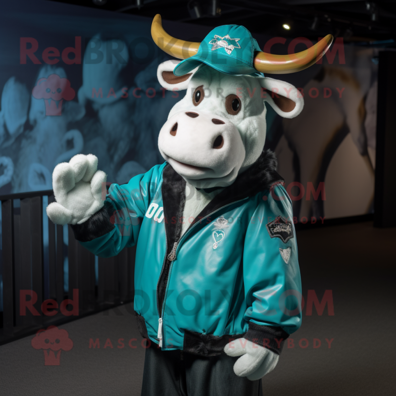 Teal Cow mascot costume character dressed with a Bomber Jacket and Beanies