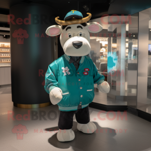 Teal Cow mascot costume character dressed with a Bomber Jacket and Beanies