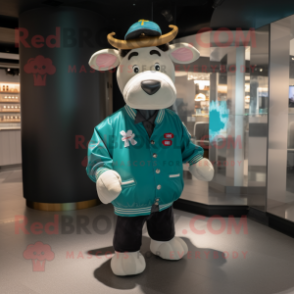 Teal Cow mascot costume character dressed with a Bomber Jacket and Beanies