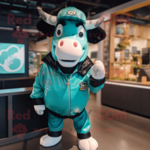 Teal Cow mascot costume character dressed with a Bomber Jacket and Beanies