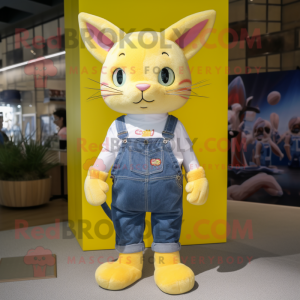 Lemon Yellow Cat mascot costume character dressed with a Denim Shorts and Headbands