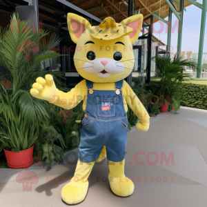 Lemon Yellow Cat mascot costume character dressed with a Denim Shorts and Headbands