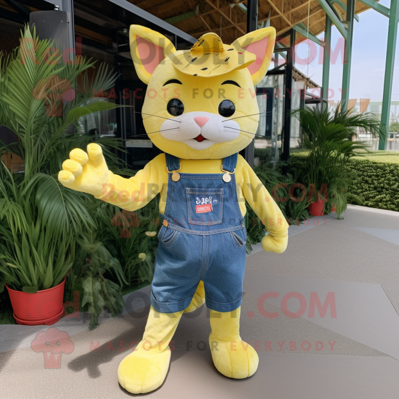 Lemon Yellow Cat mascot costume character dressed with a Denim Shorts and Headbands Lemon Yellow Cat mascot costume character dressed with a Denim Shorts and Headbands