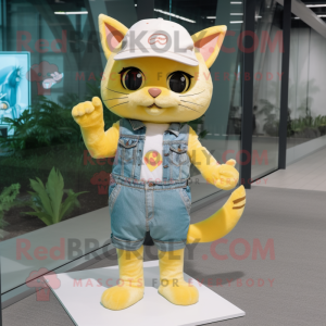 Lemon Yellow Cat mascot costume character dressed with a Denim Shorts and Headbands