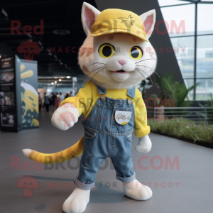 Lemon Yellow Cat mascot costume character dressed with a Denim Shorts and Headbands