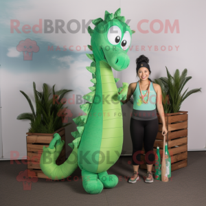 Green Sea Horse mascot costume character dressed with a Yoga Pants and Keychains