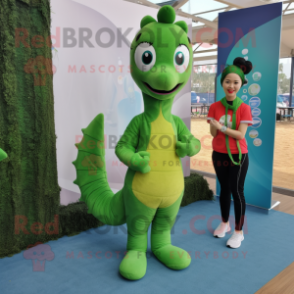 Green Sea Horse mascot costume character dressed with a Yoga Pants and Keychains