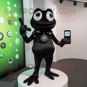 Black Frog mascot costume character dressed with a Maxi Dress and Smartwatches