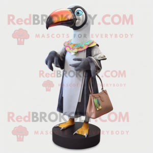 Silver Toucan mascot costume character dressed with a Dress and Handbags