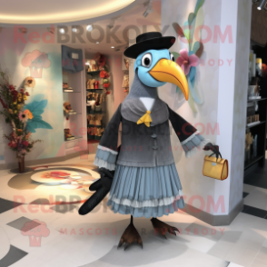 Silver Toucan mascot costume character dressed with a Dress and Handbags