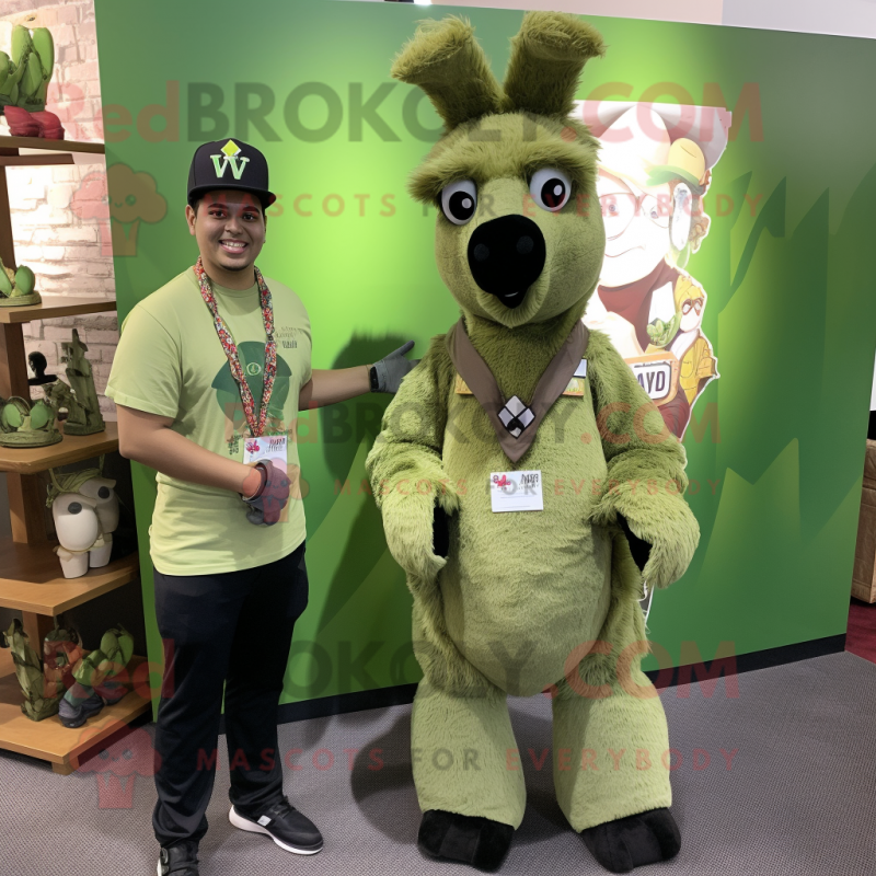 Olive Llama mascot costume character dressed with a V-Neck Tee and Earrings Olive Llama mascot costume character dressed with a V-Neck Tee and Earrings