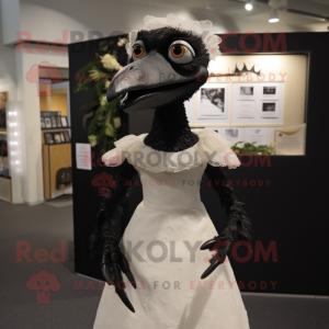 Black Archeopteryx mascot costume character dressed with a Wedding Dress and Lapel pins