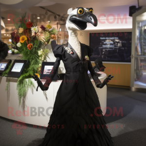 Black Archeopteryx mascot costume character dressed with a Wedding Dress and Lapel pins