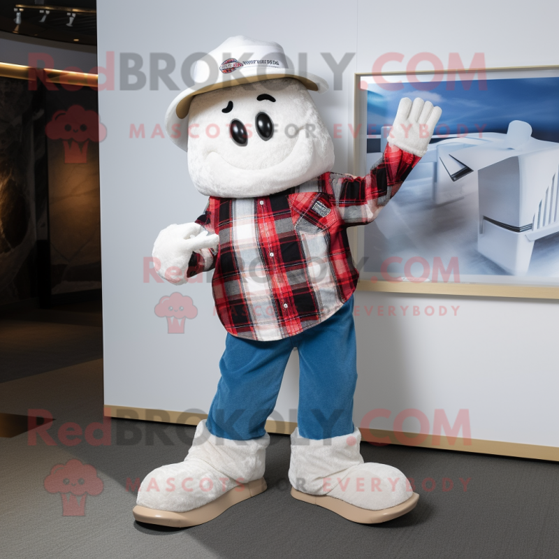 White Horseshoe mascot costume character dressed with a Flannel Shirt and Caps White Horseshoe mascot costume character dressed with a Flannel Shirt and Caps
