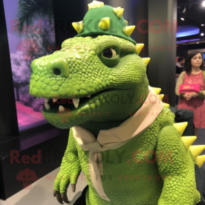 Lime Green Ankylosaurus mascot costume character dressed with a Cover-up and Hat pins
