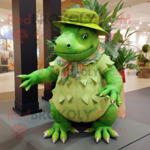 Lime Green Ankylosaurus mascot costume character dressed with a Cover-up and Hat pins