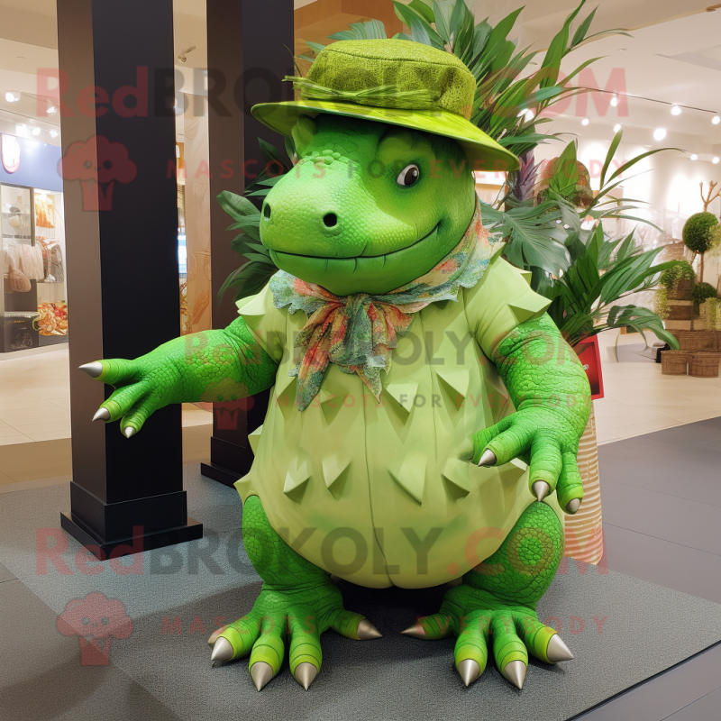 Lime Green Ankylosaurus mascot costume character dressed with a Cover-up and Hat pins Lime Green Ankylosaurus mascot costume character dressed with a Cover-up and Hat pins