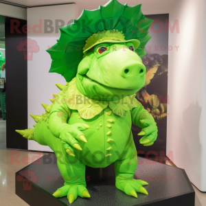 Lime Green Ankylosaurus mascot costume character dressed with a Cover-up and Hat pins