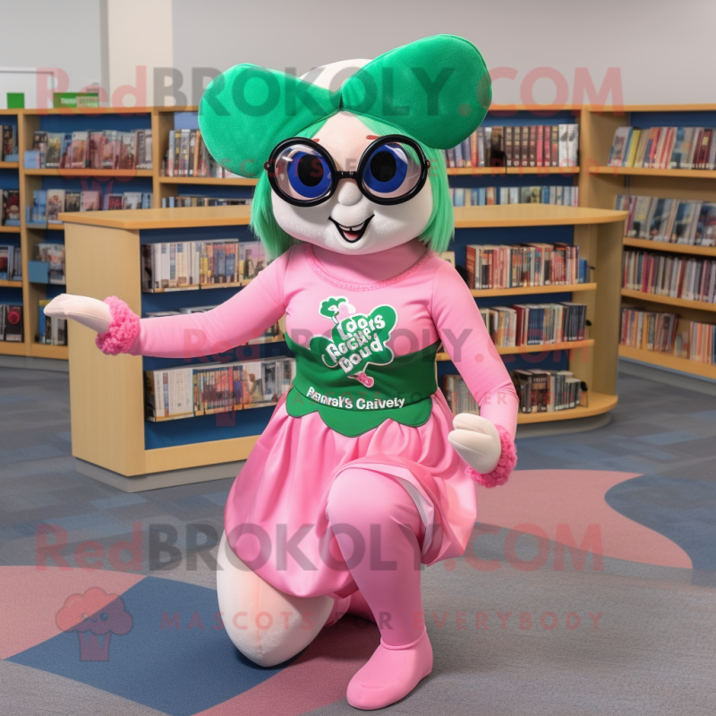 Pink Bunch Of Shamrocks mascot costume character dressed with a One-Piece Swimsuit and Reading glasses Pink Bunch Of Shamrocks mascot costume character dressed with a One-Piece Swimsuit and Reading glasses