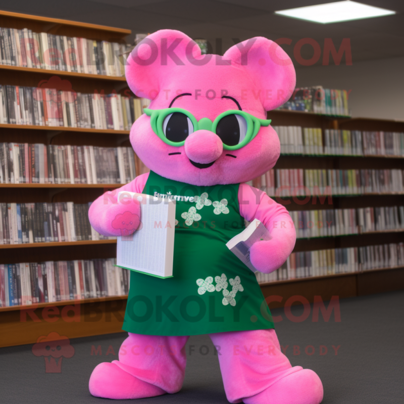Pink Bunch Of Shamrocks mascot costume character dressed with a One-Piece Swimsuit and Reading glasses Pink Bunch Of Shamrocks mascot costume character dressed with a One-Piece Swimsuit and Reading glasses