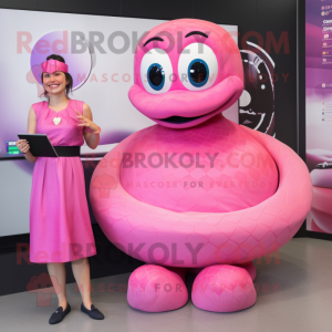 Pink Anaconda mascot costume character dressed with a Circle Skirt and Smartwatches
