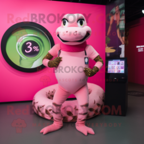 Pink Anaconda mascot costume character dressed with a Circle Skirt and Smartwatches