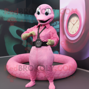 Pink Anaconda mascot costume character dressed with a Circle Skirt and Smartwatches
